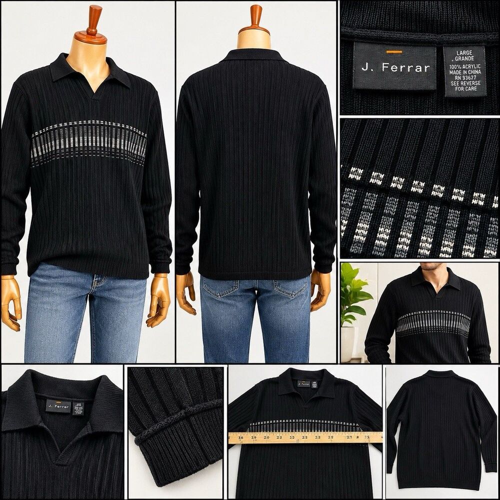 J. Ferrar Sweater Mens L Large Black  Pullover Modern Knit Polo Striped Sweater